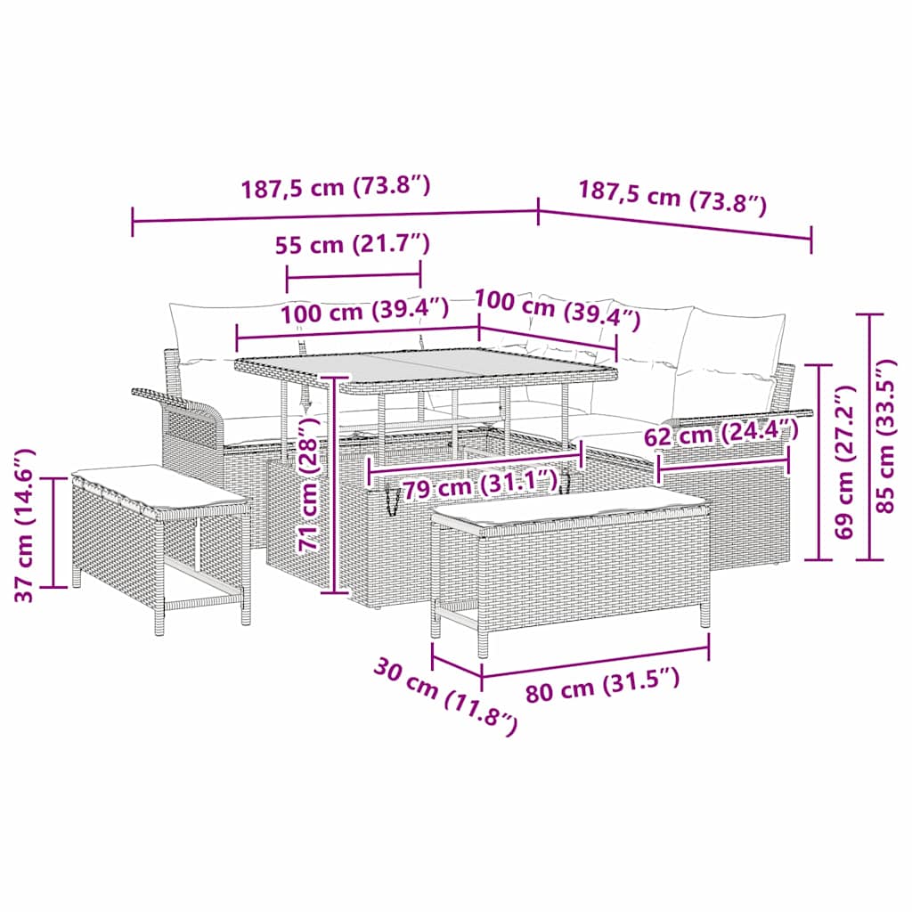 Tuinbankenset met kussen 8 pcs Grijs poly rattan – afbeelding 12