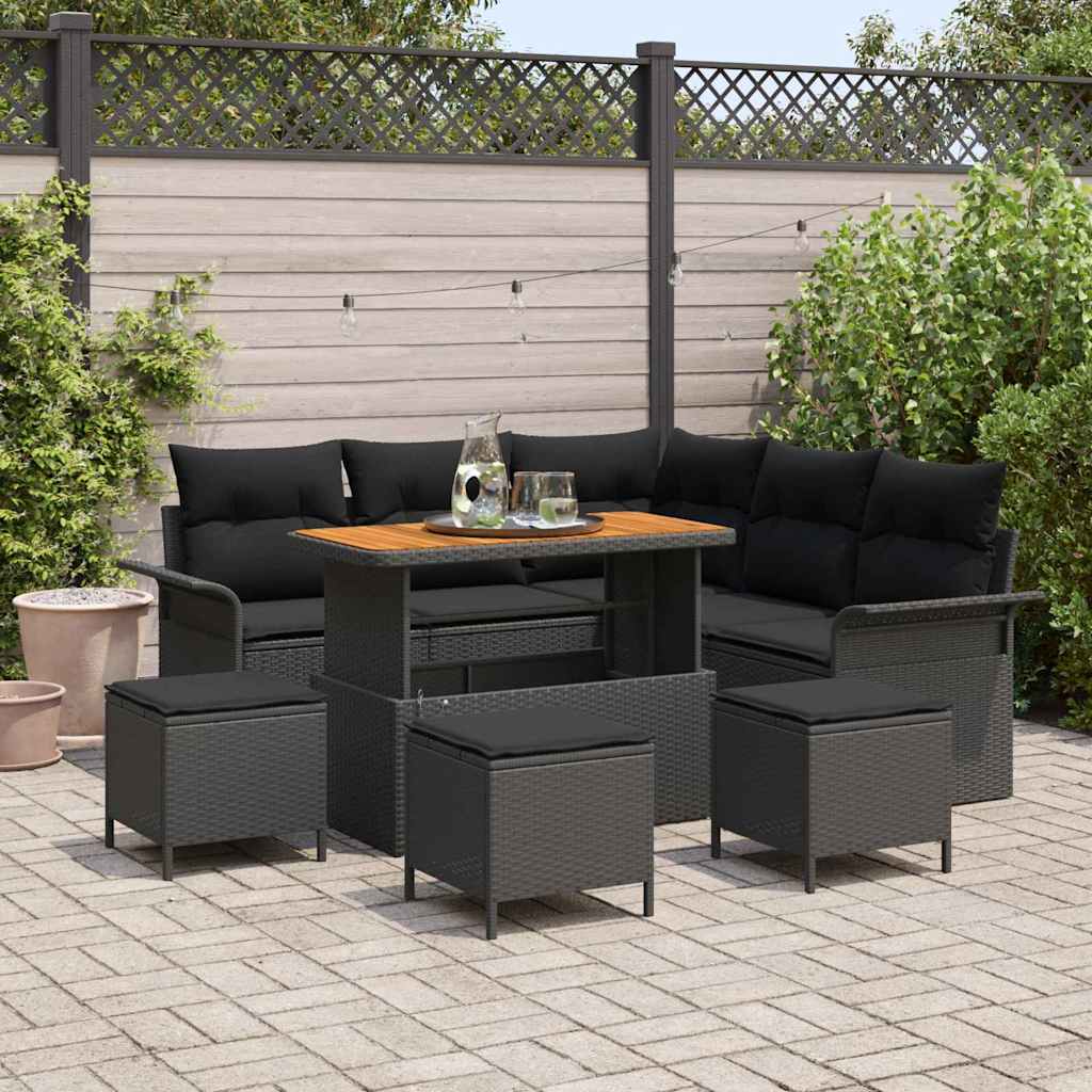 Tuinbankenset met kussen 9 pcs Zwart poly rattan – afbeelding 1