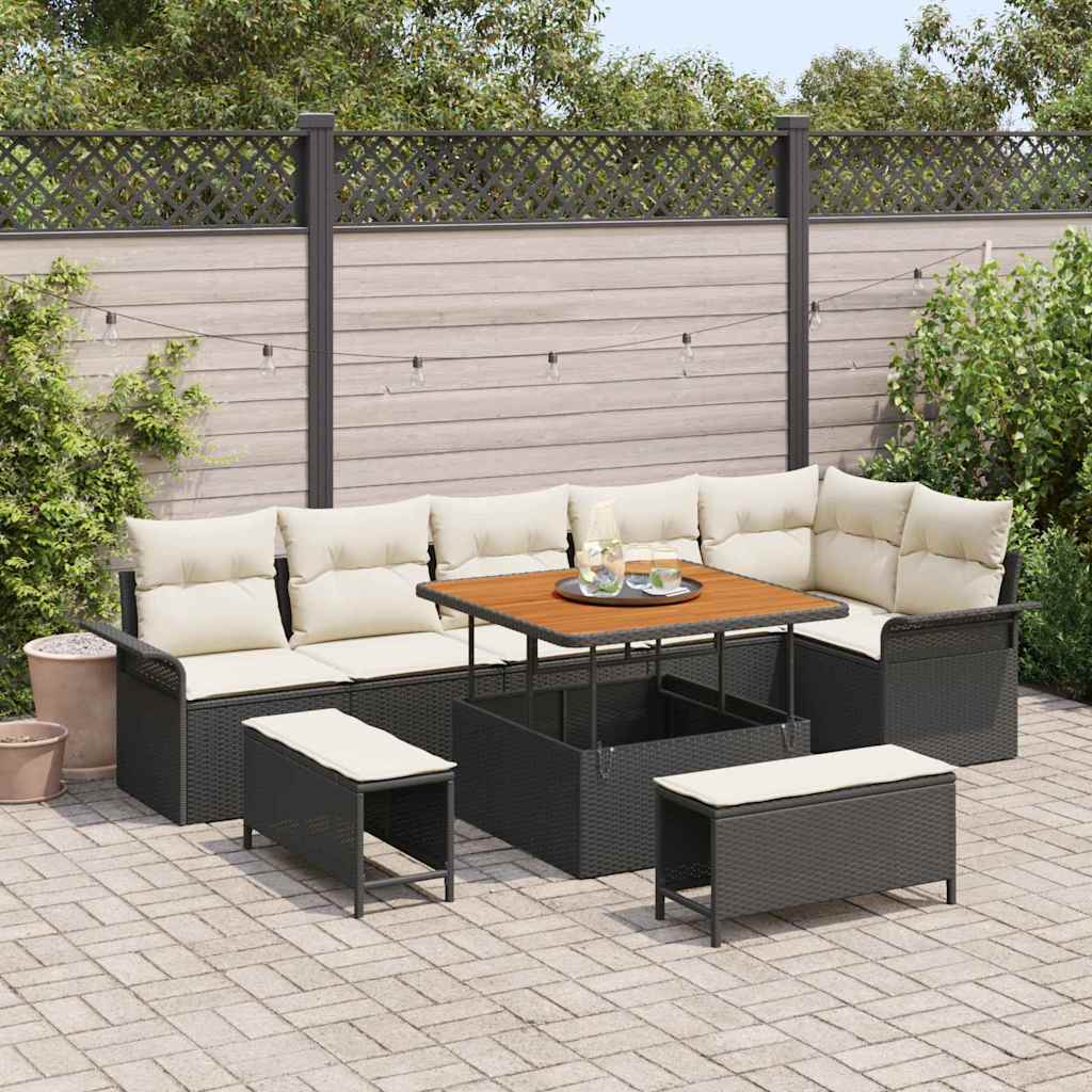 Tuinbankenset met kussen 9 pcs Zwart poly rattan – afbeelding 1