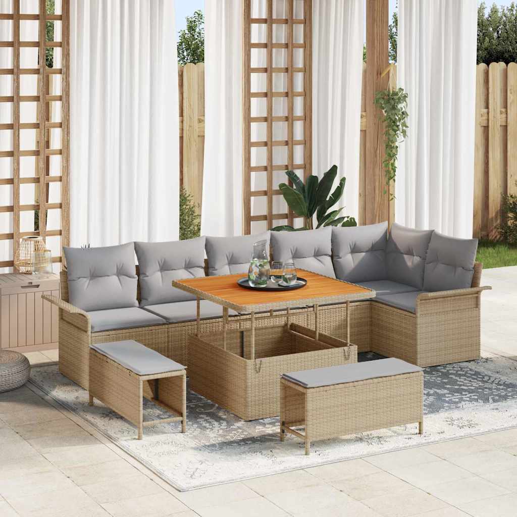 Tuinbankenset met kussen 9 pcs Beige poly rattan – afbeelding 1