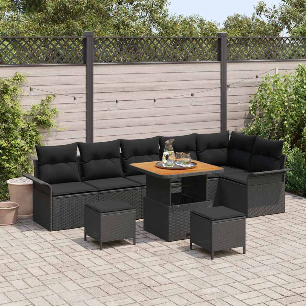 Tuinbankenset met kussen 9 pcs Zwart poly rattan – afbeelding 1