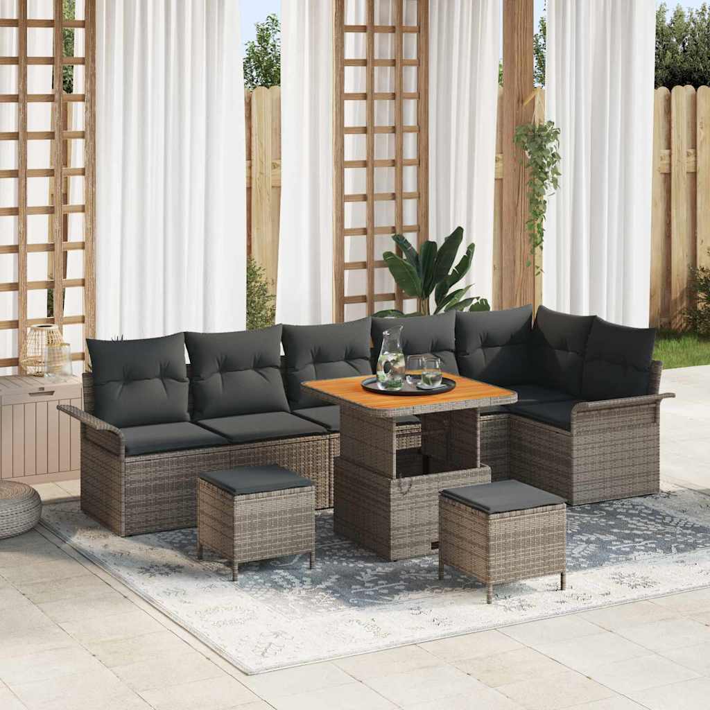 Tuinbankenset met kussen 9 pcs Grijs poly rattan – afbeelding 1