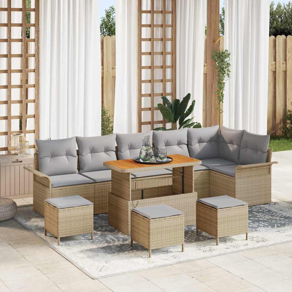 Tuinbankenset met kussen 10 pcs Beige poly rattan – afbeelding 1