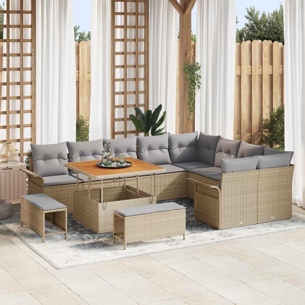 Tuinbankenset met kussen 12 pcs Beige poly rattan – afbeelding 1