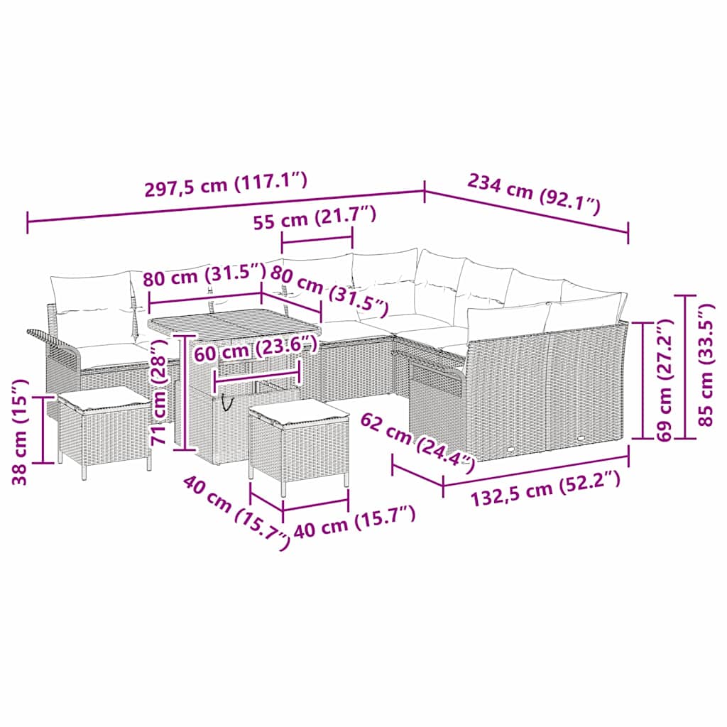 Tuinbankenset met kussen 12 pcs Beige poly rattan – afbeelding 12