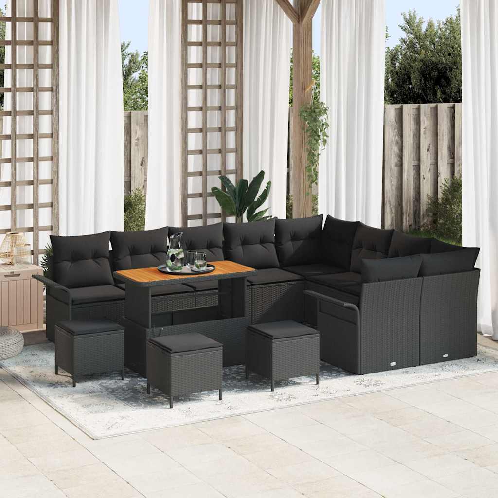Tuinbankenset met kussen 13 pcs Zwart poly rattan – afbeelding 1