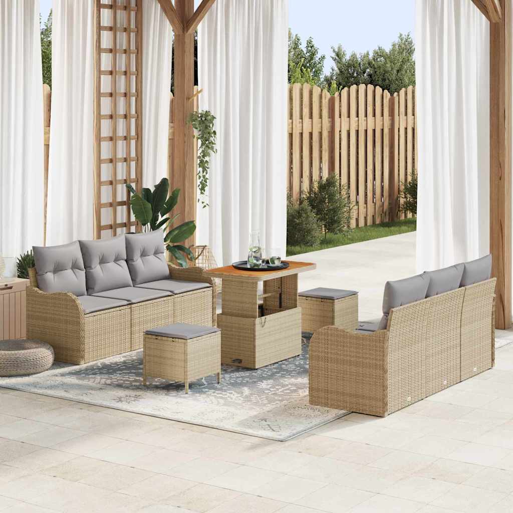 Tuinbankenset met kussen 9 pcs Beige poly rattan – afbeelding 1