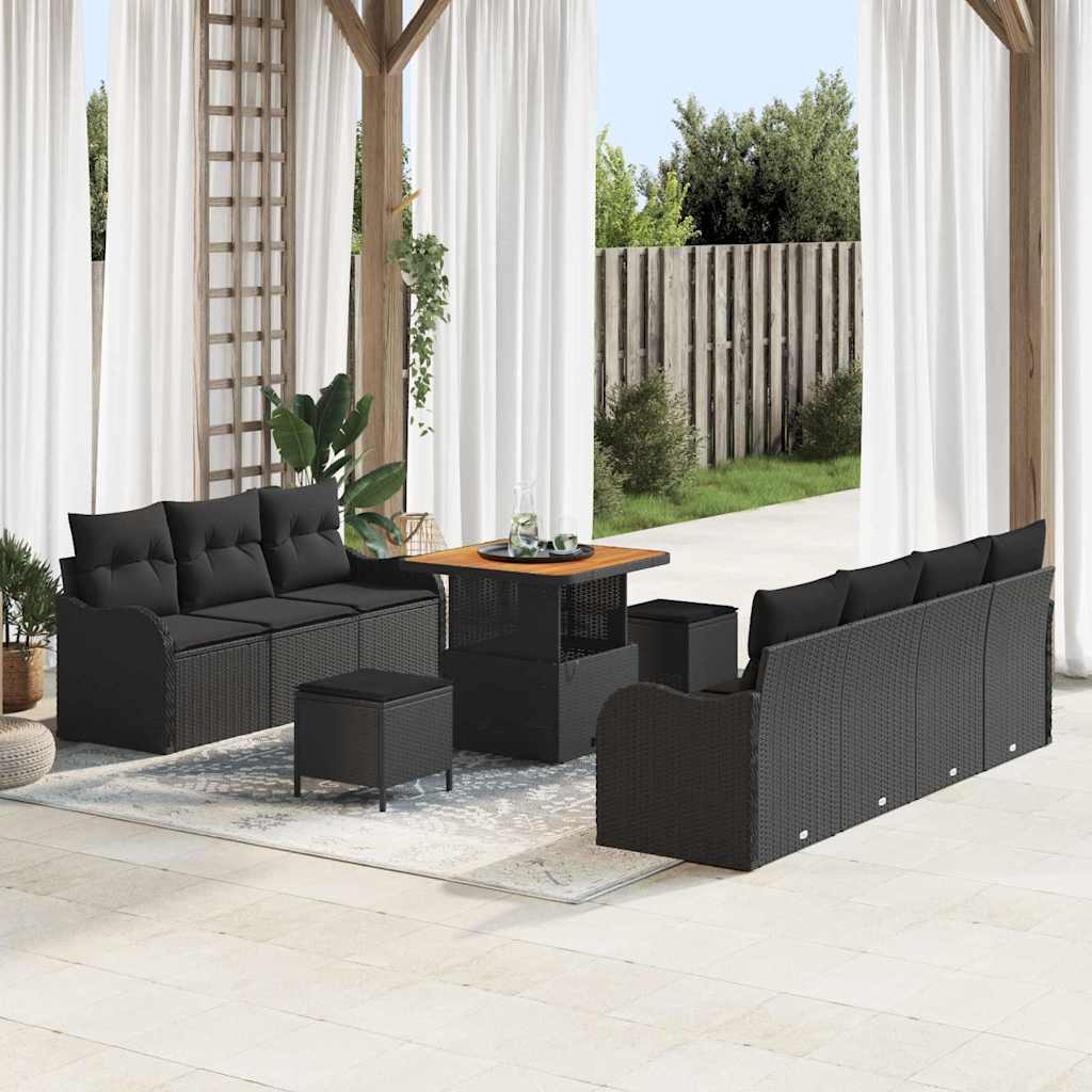Tuinbankenset met kussen 10 pcs Zwart poly rattan – afbeelding 1