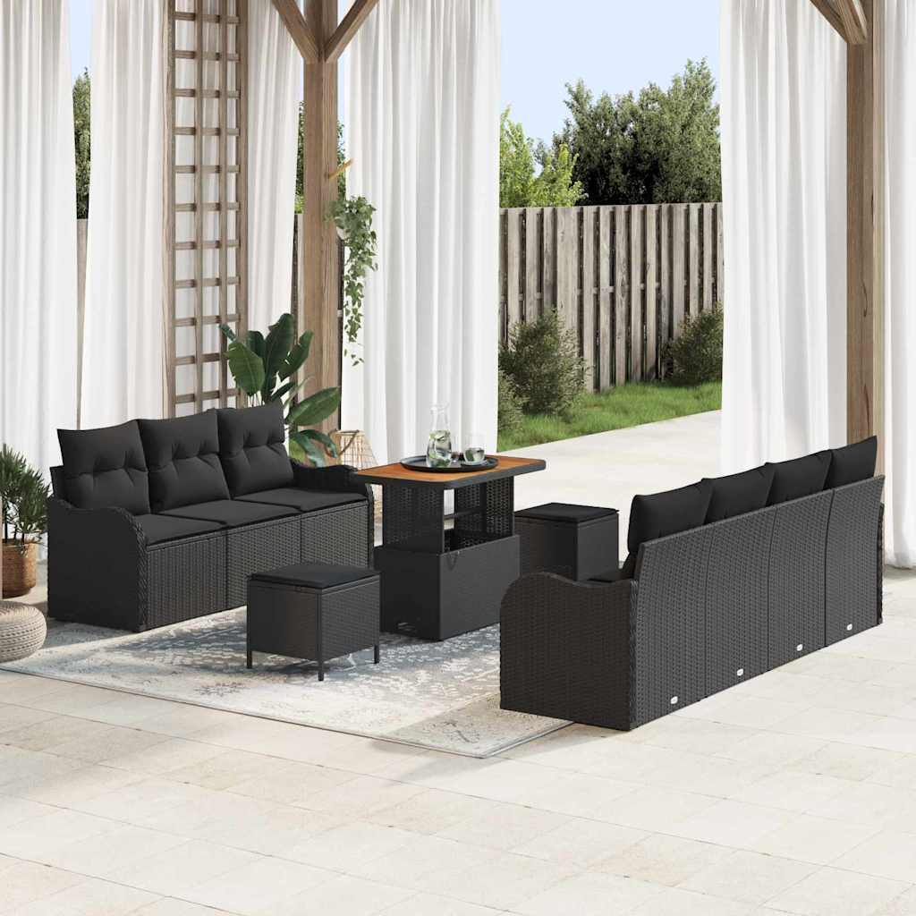 Tuinbankenset met kussen 10 pcs Zwart poly rattan – afbeelding 1
