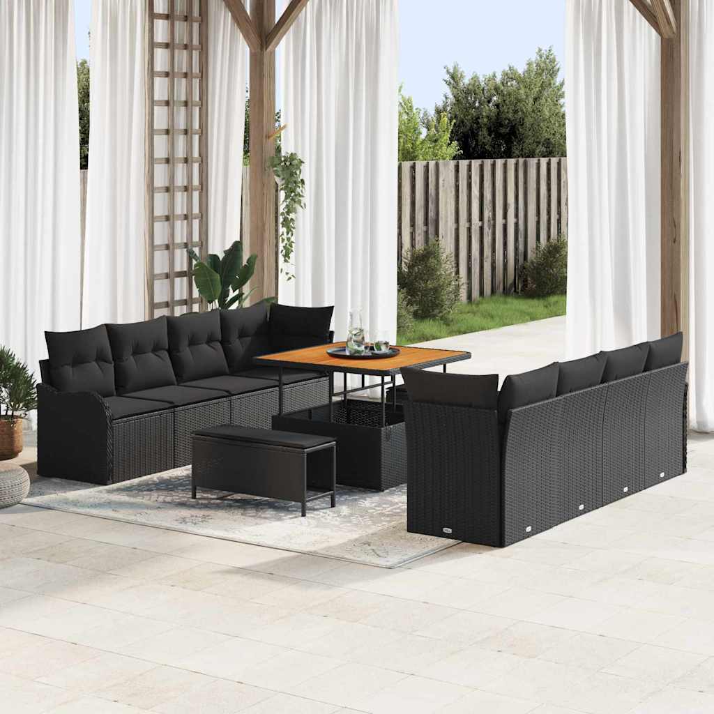 Tuinbankenset met kussen 11 pcs Zwart poly rattan – afbeelding 1