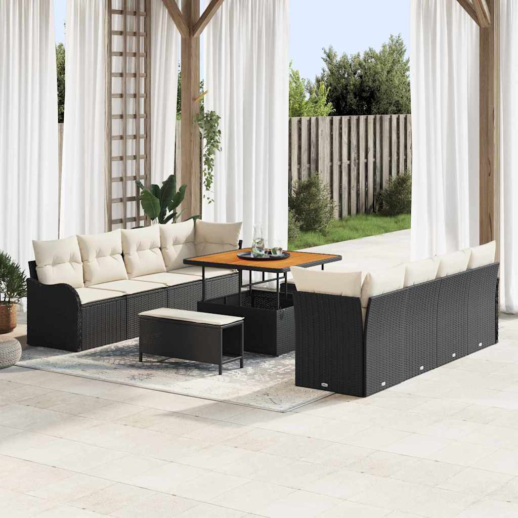 Tuinbankenset met kussen 11 pcs Zwart poly rattan – afbeelding 1