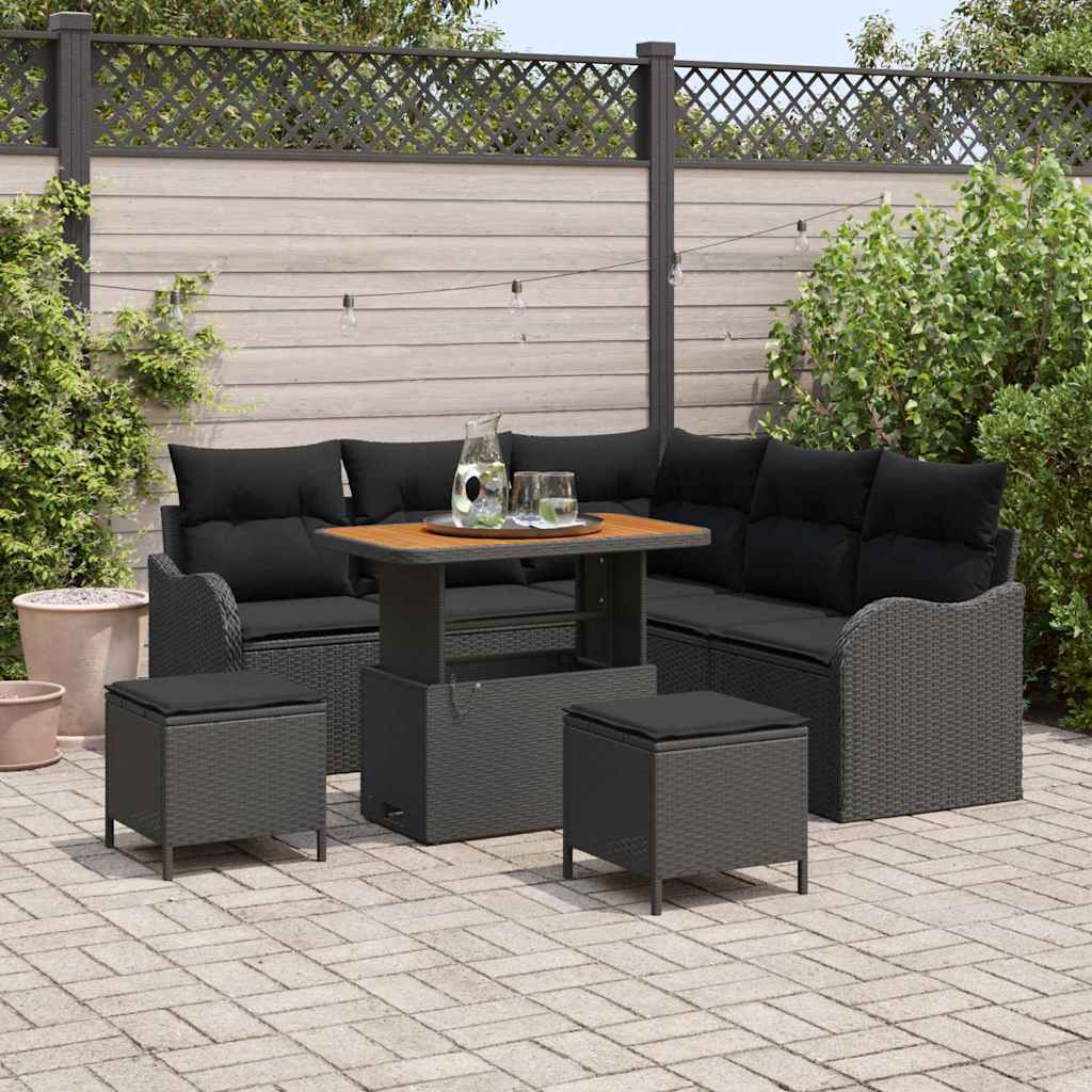 Tuinbankenset met kussen 8 pcs Zwart poly rattan – afbeelding 1