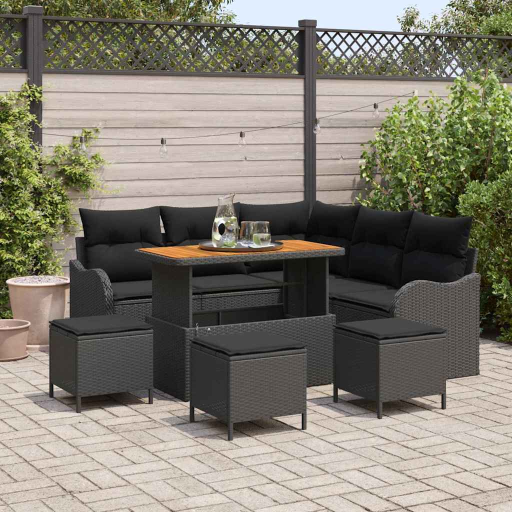 Tuinbankenset met kussen 9 pcs Zwart poly rattan – afbeelding 1