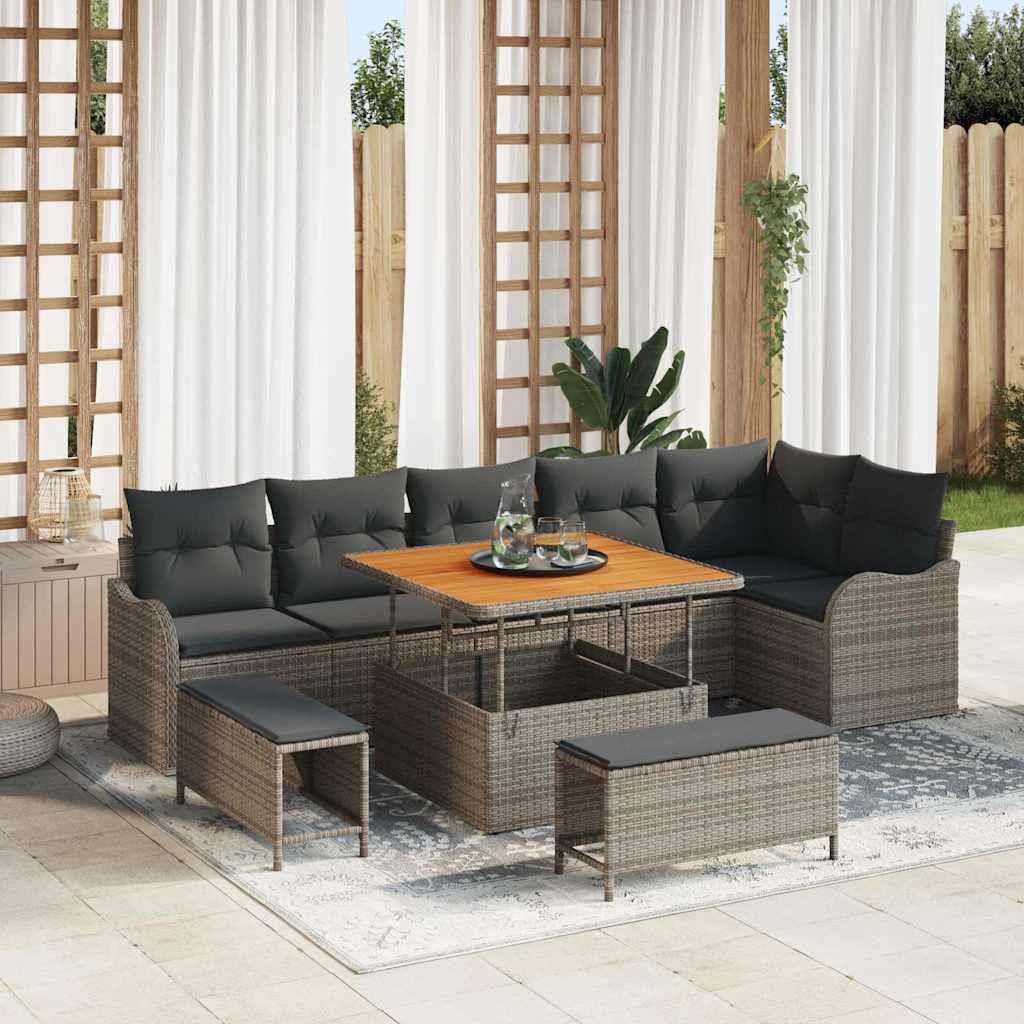 Tuinbankenset met kussen 9 pcs Grijs poly rattan – afbeelding 1