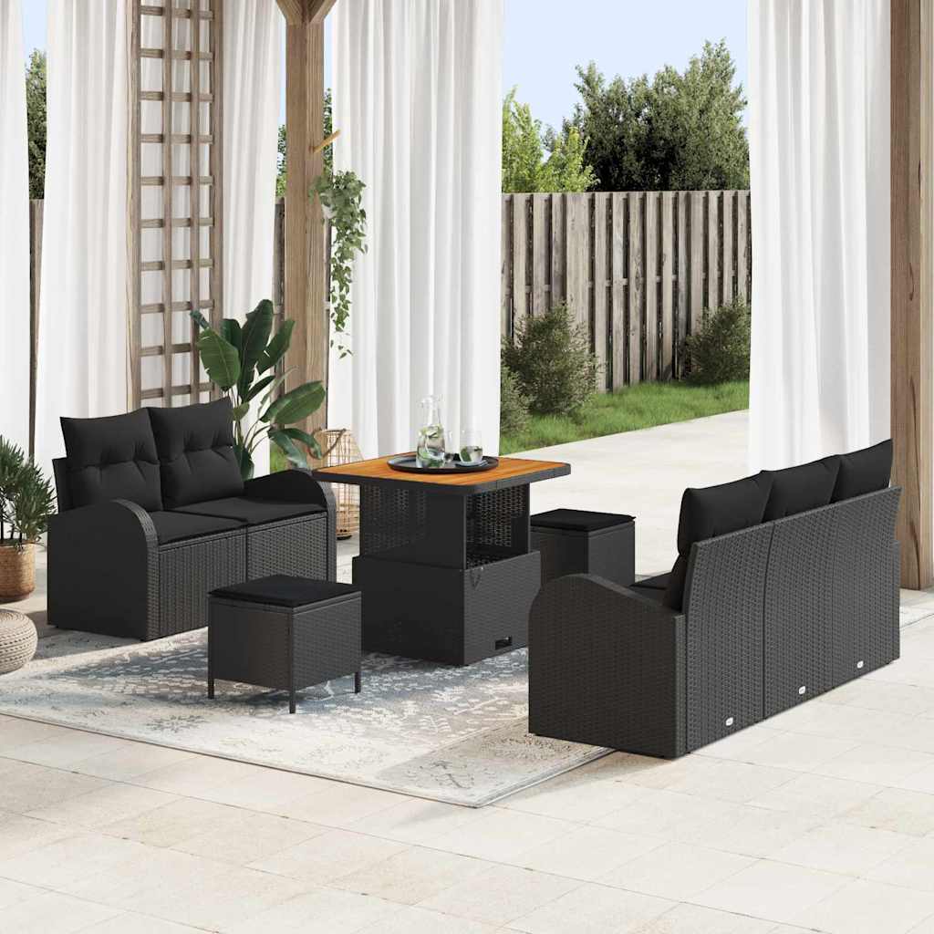 Tuinbankenset met kussen 8 pcs Zwart poly rattan – afbeelding 1