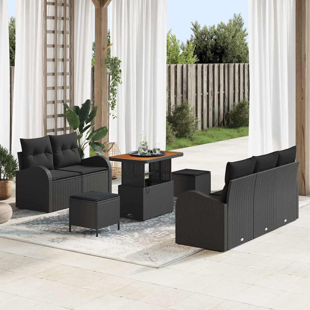 Tuinbankenset met kussen 8 pcs Zwart poly rattan – afbeelding 1