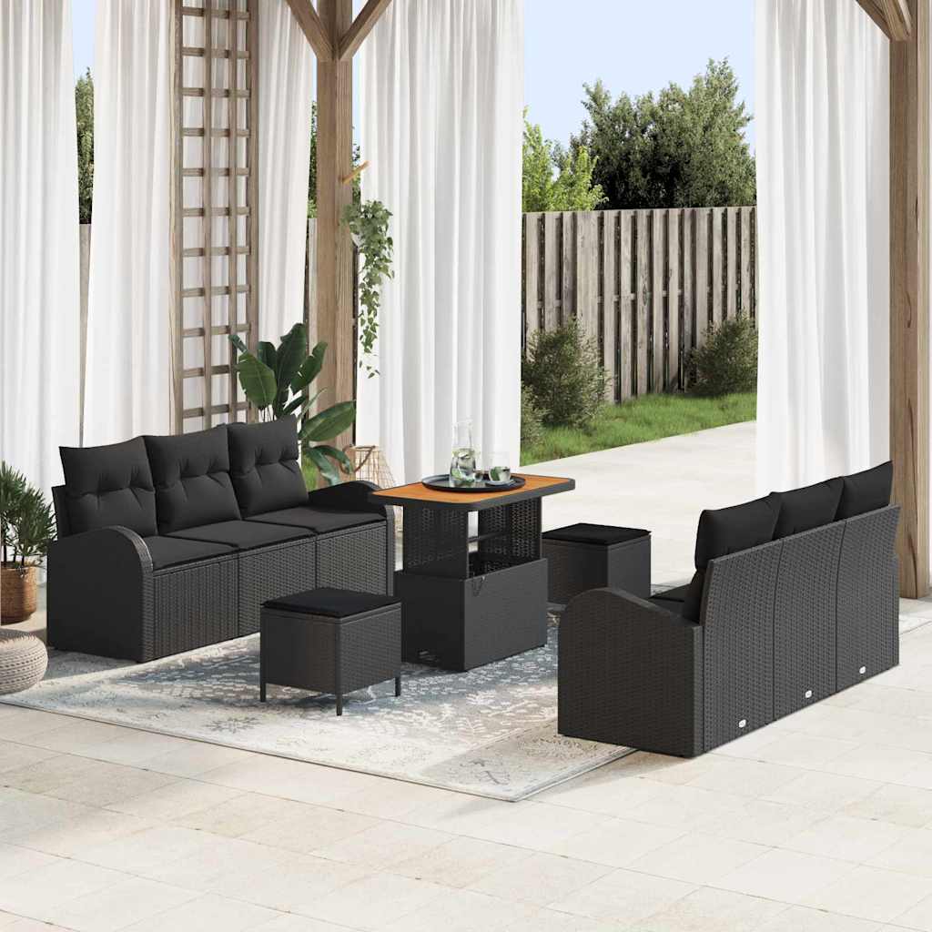 Tuinbankenset met kussen 9 pcs Zwart poly rattan – afbeelding 1