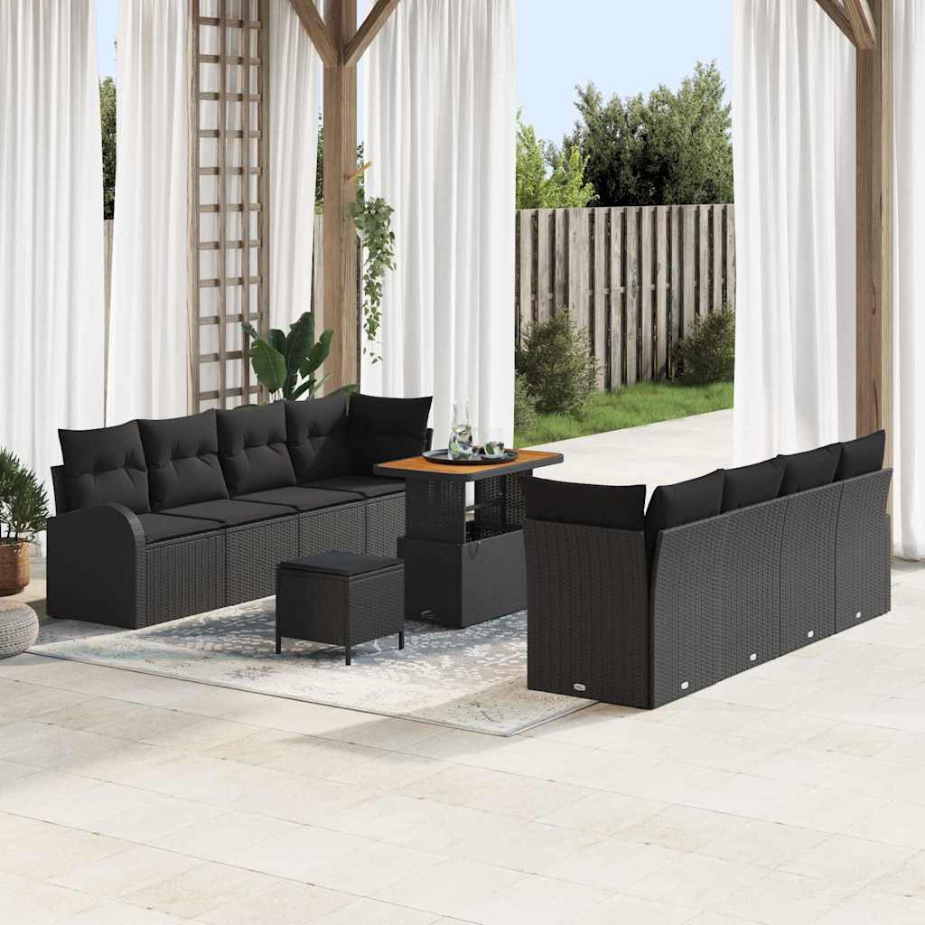 Tuinbankenset met kussen 11 pcs Zwart poly rattan – afbeelding 1