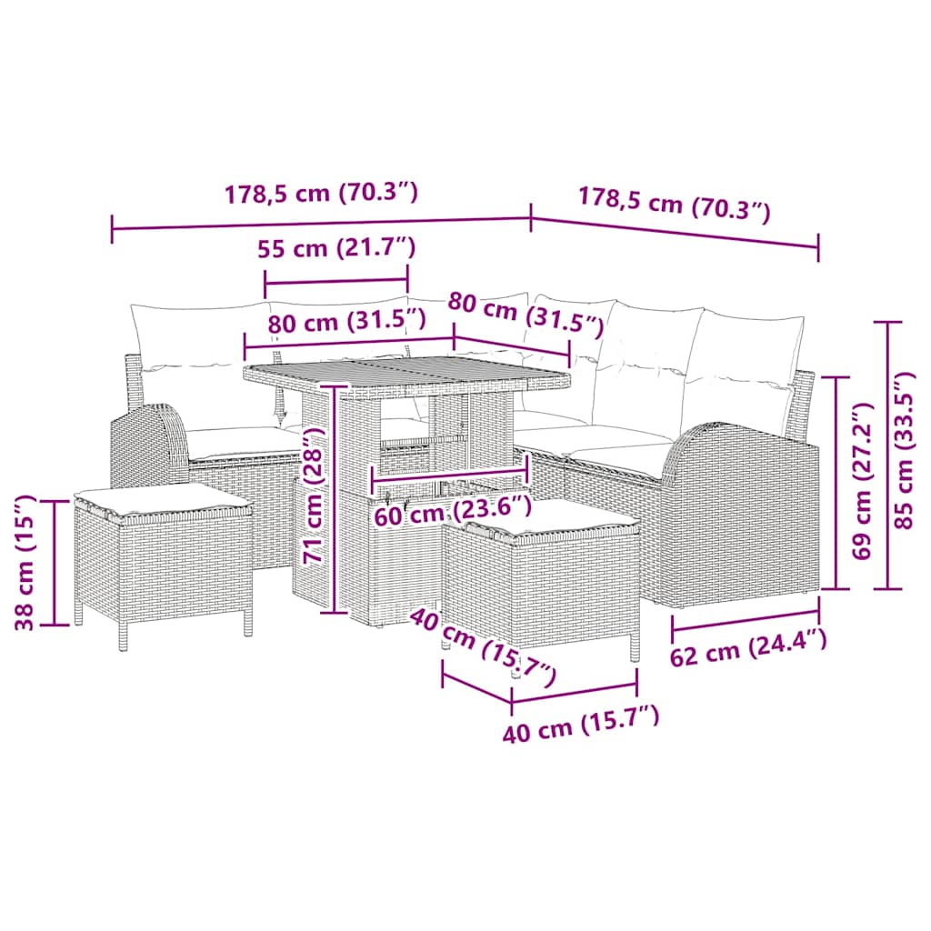 Tuinbankenset met kussen 8 pcs Beige poly rattan – afbeelding 12