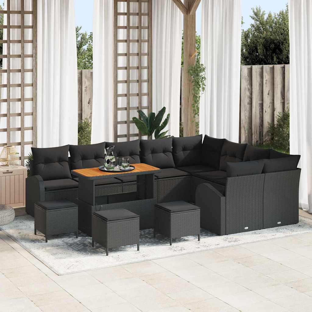 Tuinbankenset met kussen 13 pcs Zwart poly rattan – afbeelding 1