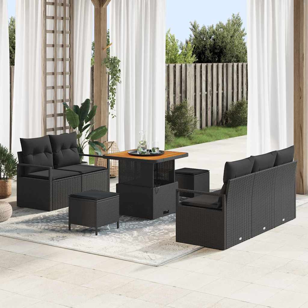 Tuinbankenset met kussen 8 pcs Zwart poly rattan – afbeelding 1