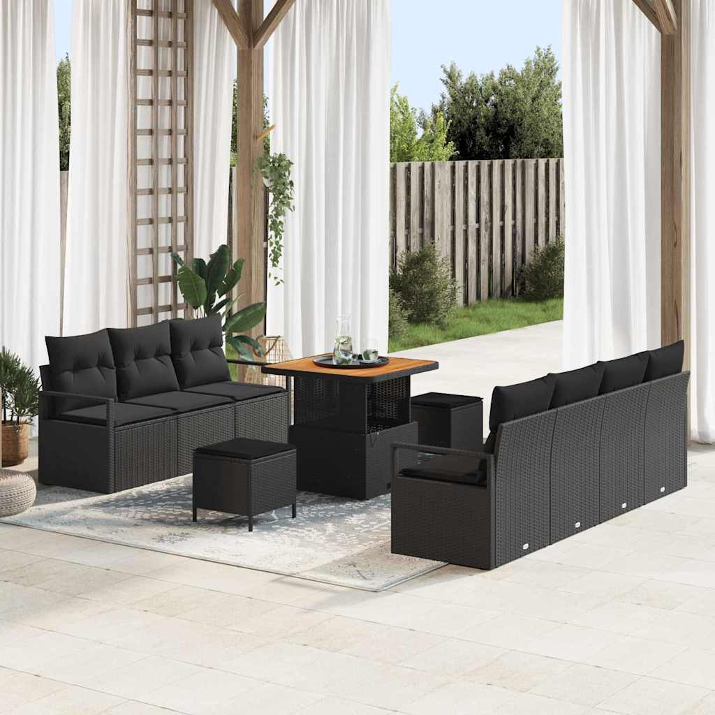Tuinbankenset met kussen 10 pcs Zwart poly rattan – afbeelding 1