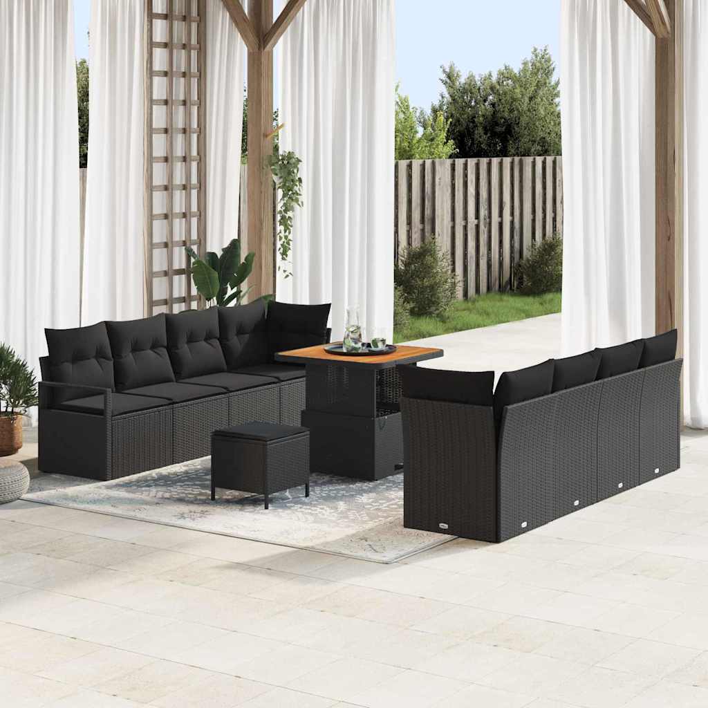 Tuinbankenset met kussen 11 pcs Zwart poly rattan – afbeelding 1