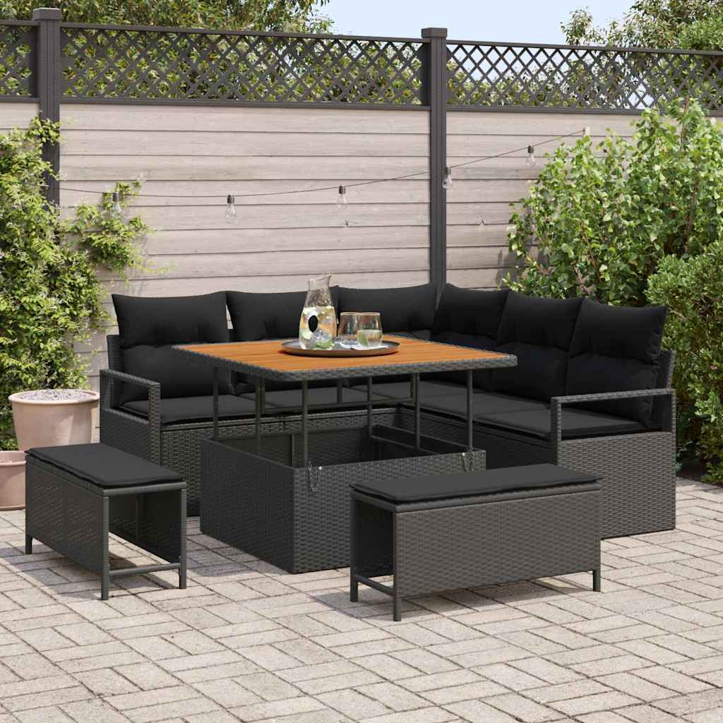 Tuinbankenset met kussen 8 pcs Zwart poly rattan – afbeelding 1