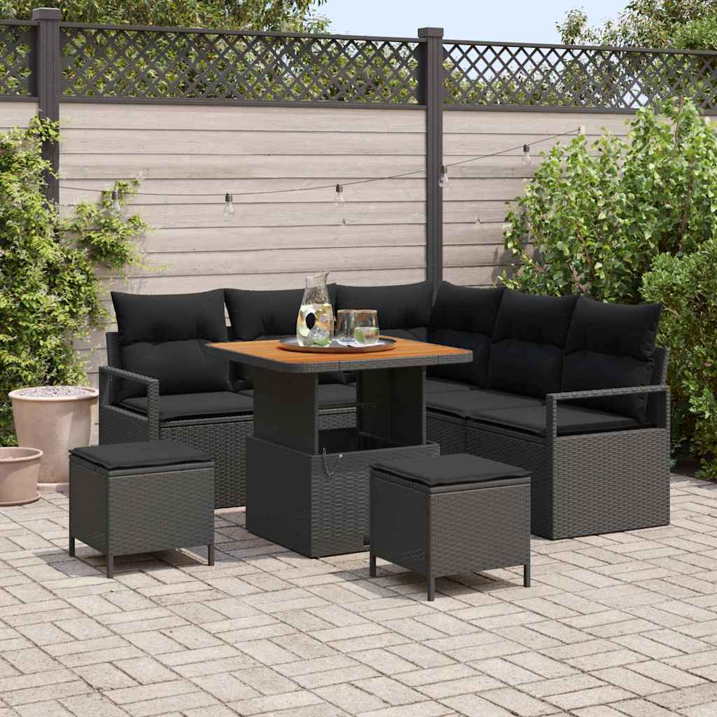 Tuinbankenset met kussen 8 pcs Zwart poly rattan – afbeelding 1
