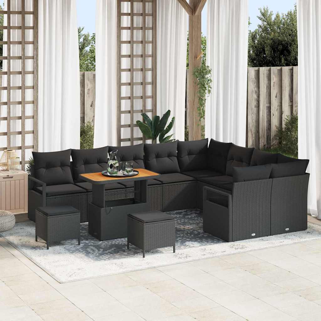 Tuinbankenset met kussen 12 pcs Zwart poly rattan – afbeelding 1