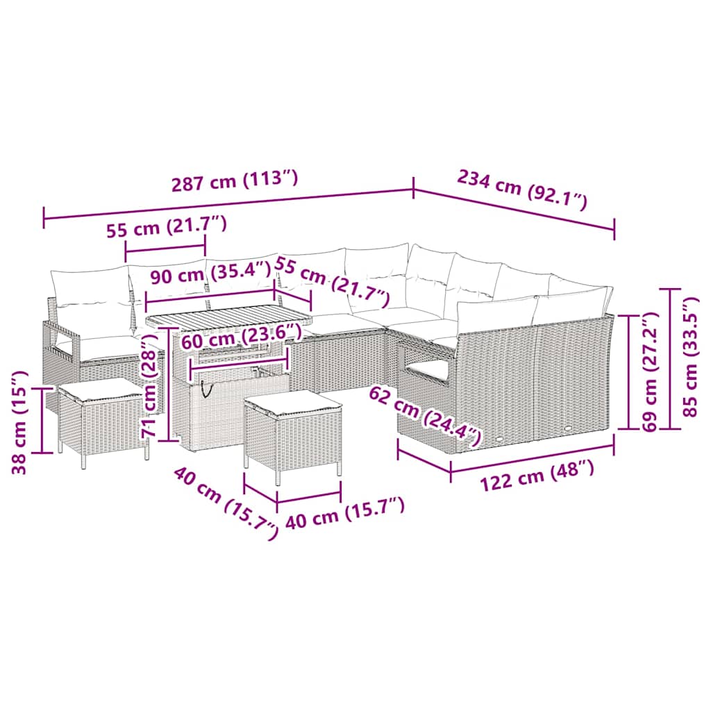 Tuinbankenset met kussen 12 pcs Beige poly rattan – afbeelding 12