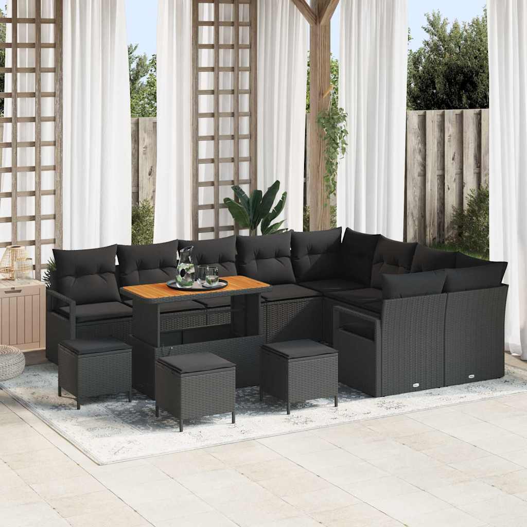 Tuinbankenset met kussen 13 pcs Zwart poly rattan – afbeelding 1