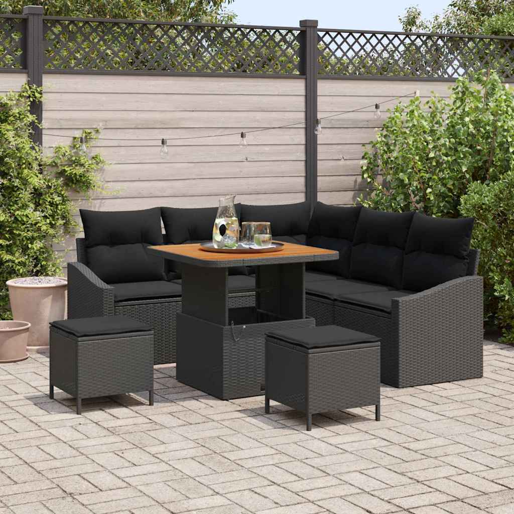 Tuinbankenset met kussen 8 pcs Zwart poly rattan – afbeelding 1