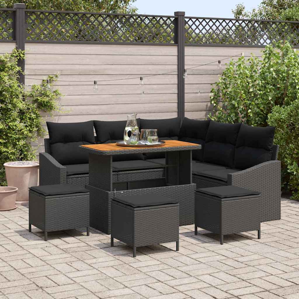 Tuinbankenset met kussen 9 pcs Zwart poly rattan – afbeelding 1