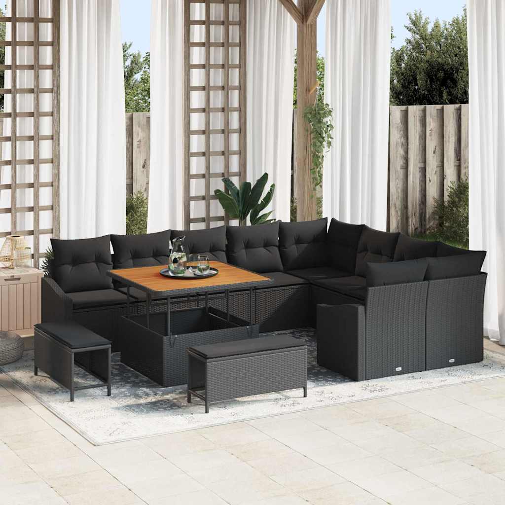 Tuinbankenset met kussen 12 pcs Zwart poly rattan – afbeelding 1