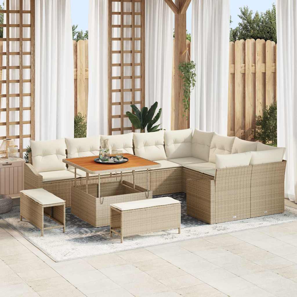 Tuinbankenset met kussen 12 pcs Beige poly rattan – afbeelding 1