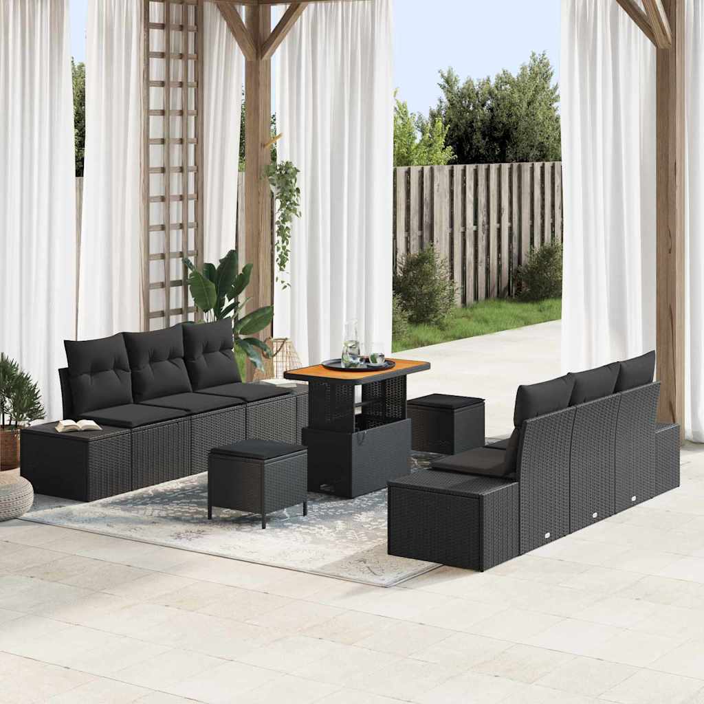 Tuinbankenset met kussen 9 pcs Zwart poly rattan – afbeelding 1