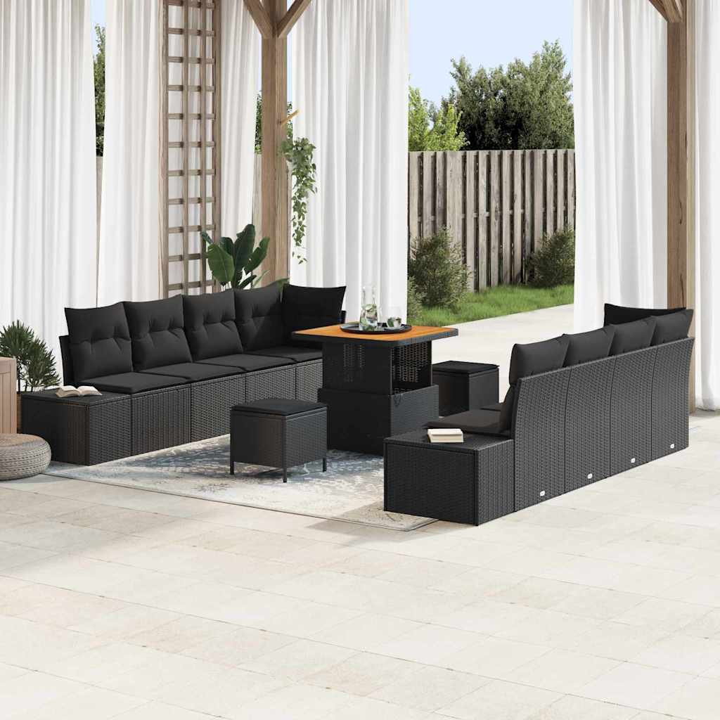 Tuinbankenset met kussen 11 pcs Zwart poly rattan – afbeelding 1