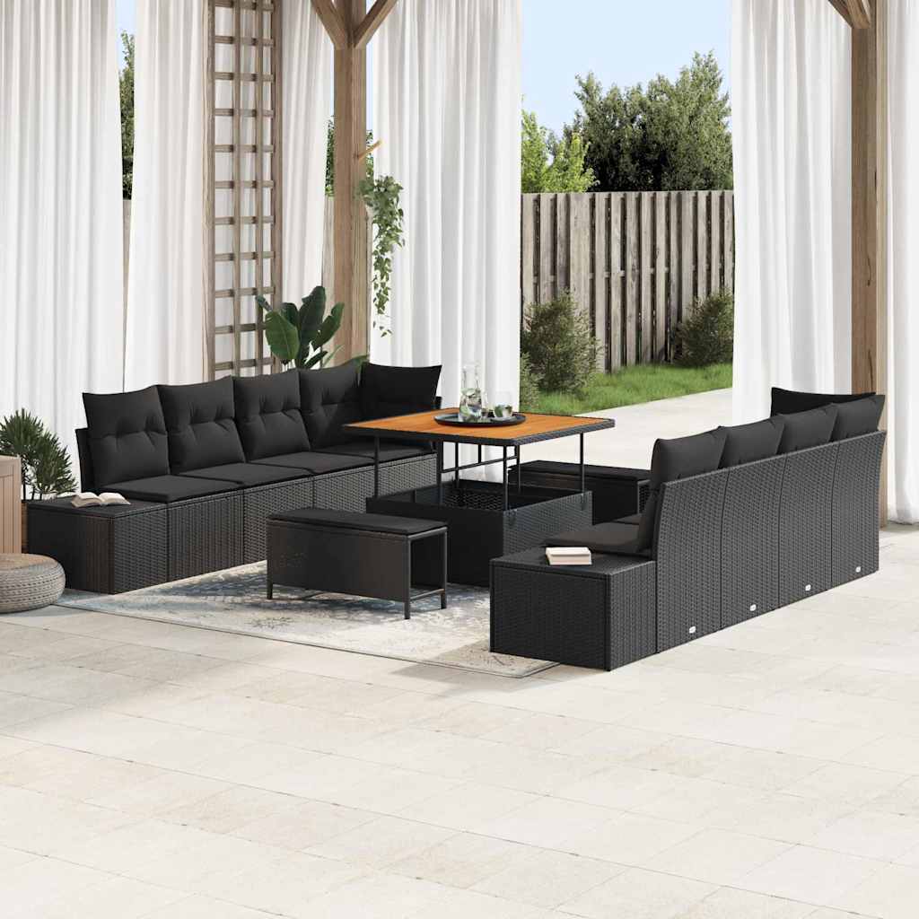 Tuinbankenset met kussen 11 pcs Zwart poly rattan – afbeelding 1