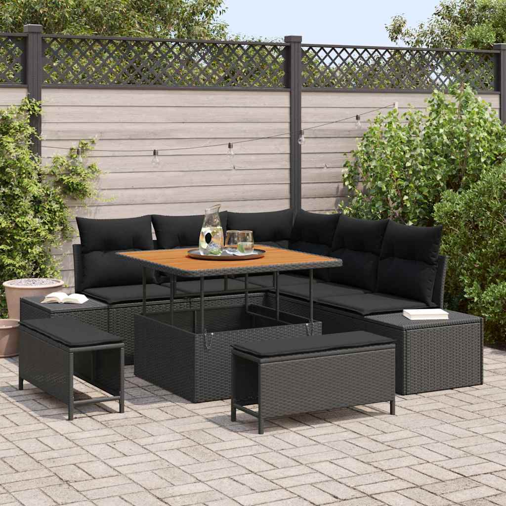 Tuinbankenset met kussen 8 pcs Zwart poly rattan – afbeelding 1