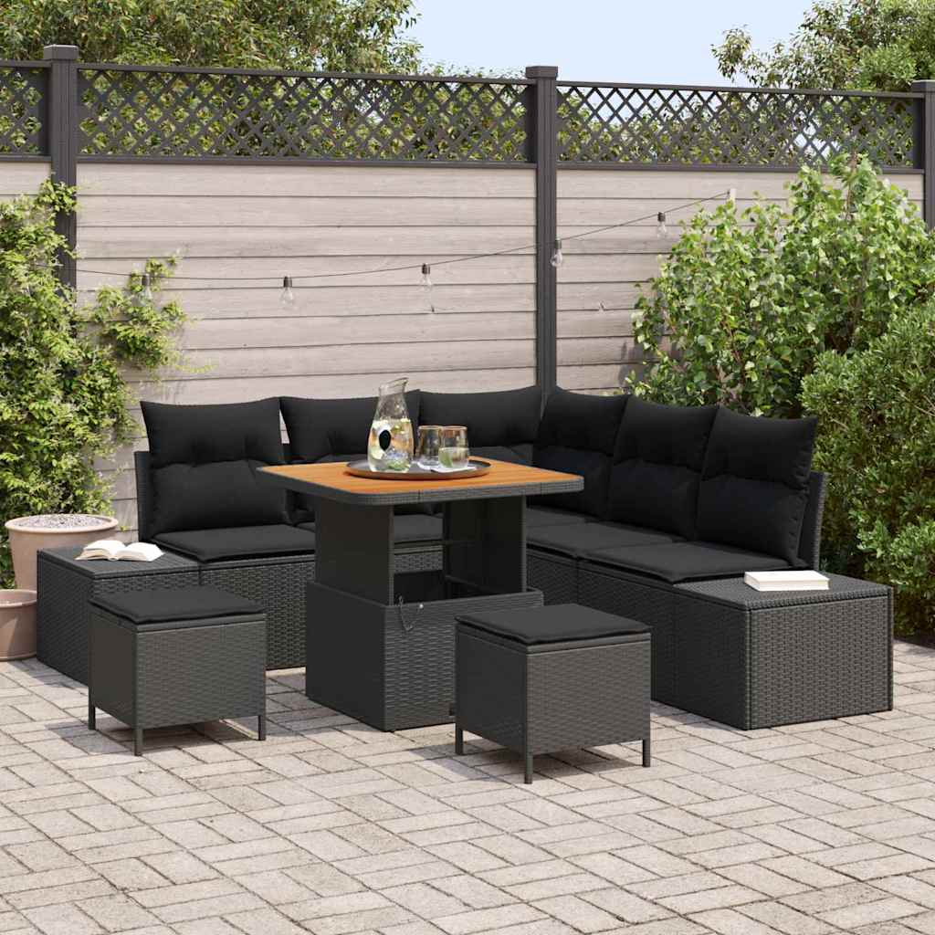 Tuinbankenset met kussen 8 pcs Zwart poly rattan – afbeelding 1