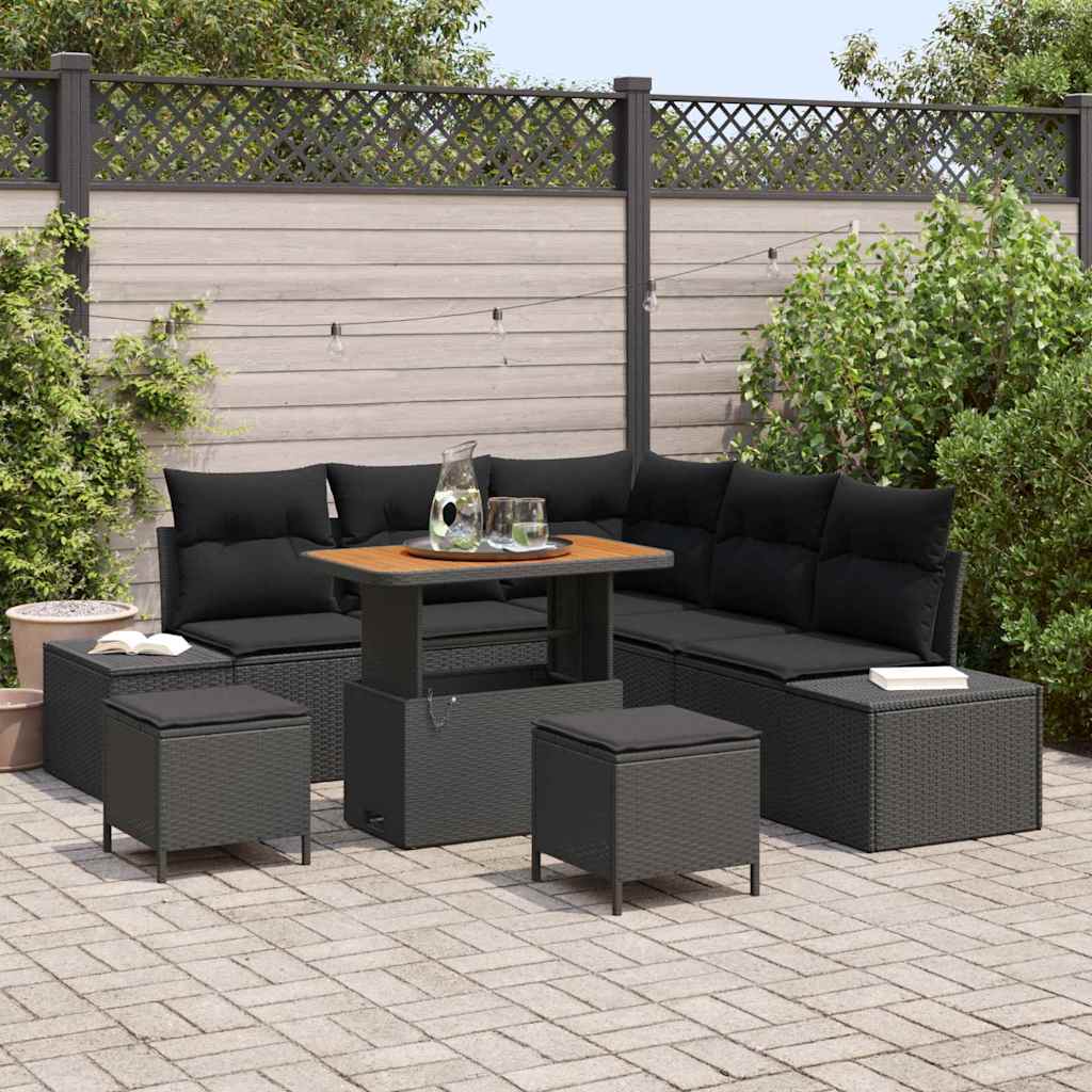 Tuinbankenset met kussen 8 pcs Zwart poly rattan – afbeelding 1