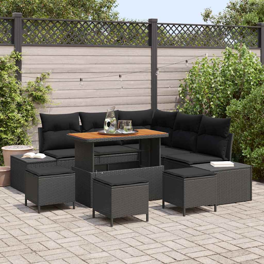 Tuinbankenset met kussen 9 pcs Zwart poly rattan – afbeelding 1