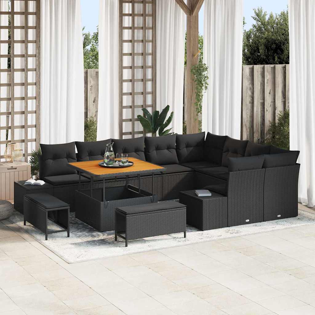 Tuinbankenset met kussen 12 pcs Zwart poly rattan – afbeelding 1