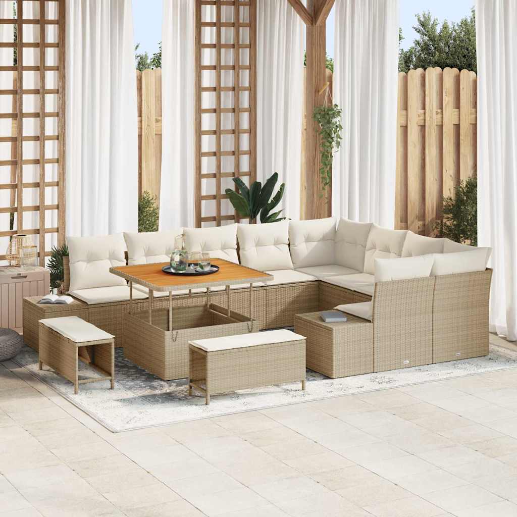 Tuinbankenset met kussen 12 pcs Beige poly rattan – afbeelding 1