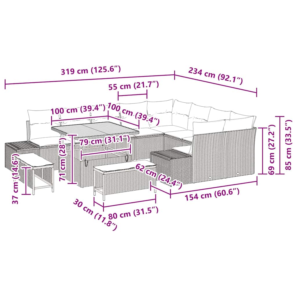 Tuinbankenset met kussen 12 pcs Beige poly rattan – afbeelding 10