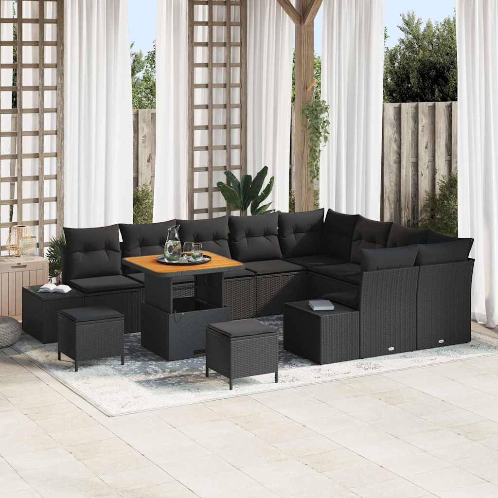 Tuinbankenset met kussen 12 pcs Zwart poly rattan – afbeelding 1