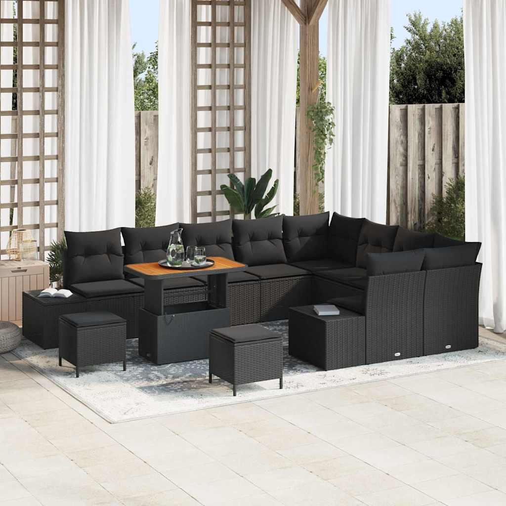 Tuinbankenset met kussen 12 pcs Zwart poly rattan – afbeelding 1