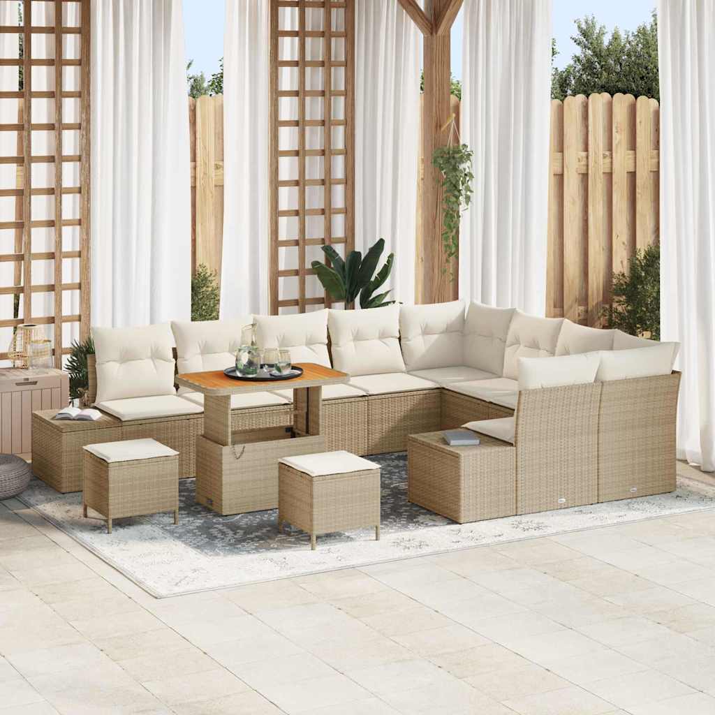 Tuinbankenset met kussen 12 pcs Beige poly rattan – afbeelding 1