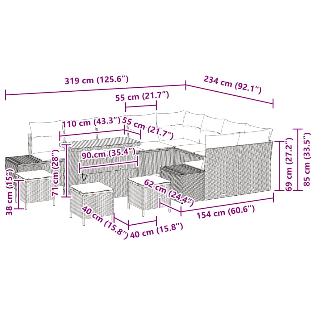 Tuinbankenset met kussen 13 pcs Beige poly rattan – afbeelding 10